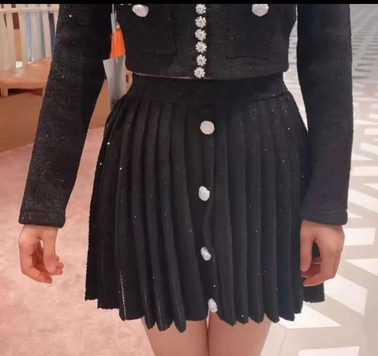 Women's Black Round-Neck Dia-Studded Two-Piece Suit, Long-Sleeved Knitted Pocket Top Or Slim-Fit Skirt