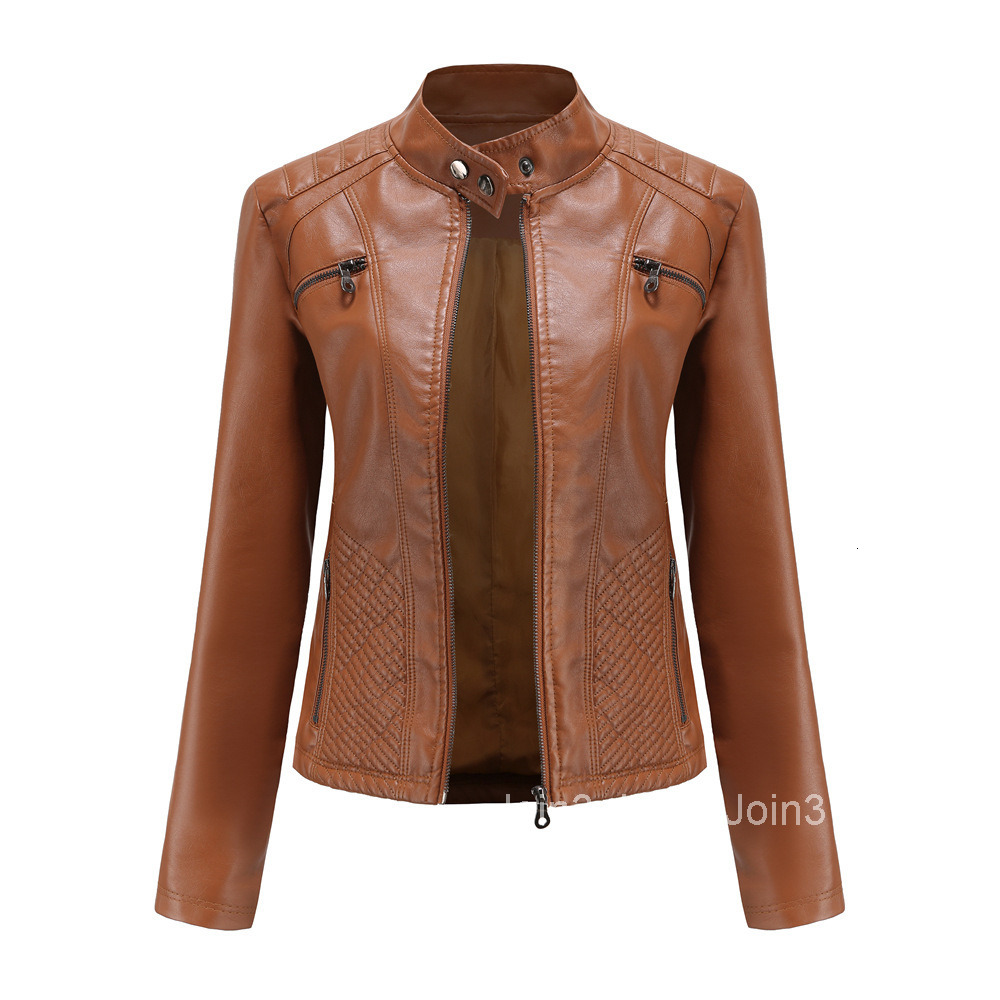 Fashion New Womens Casual Leather Jacket Stand Collar Jacket Slim Jacket Womens Spring and Autumn Solid Color Womens Leather Jacket