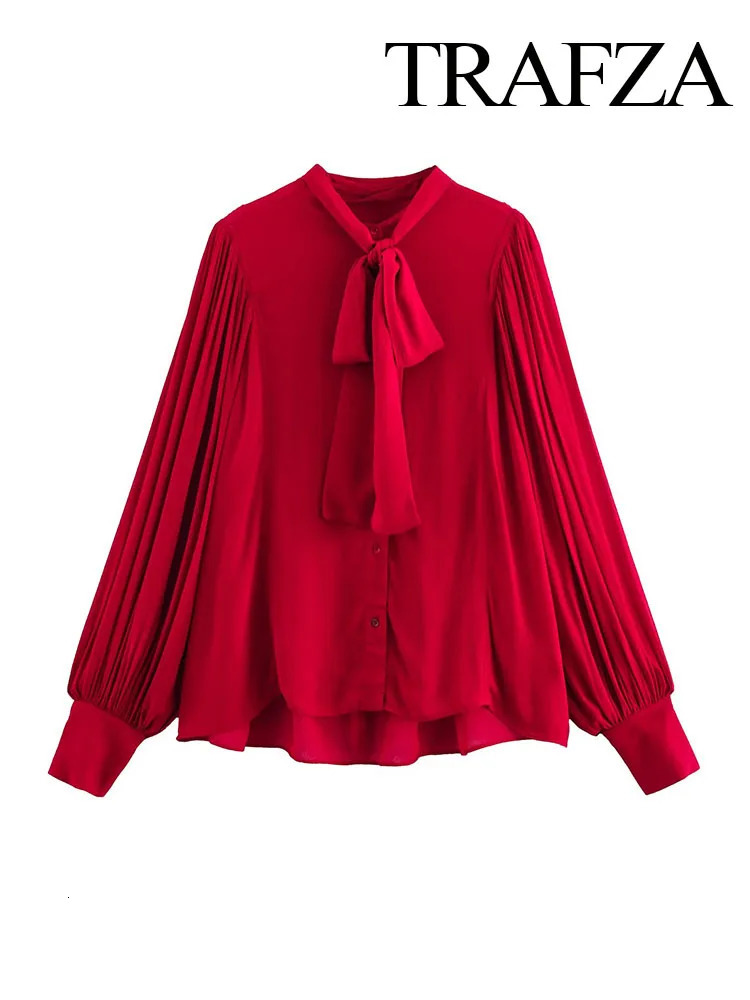 TRAFZA Womens Fashion Classic Series Single Breasted Bow Decorated Shirt Female Elegant Wrinkled Casual Long Sleeve Shirt Mujer 250310