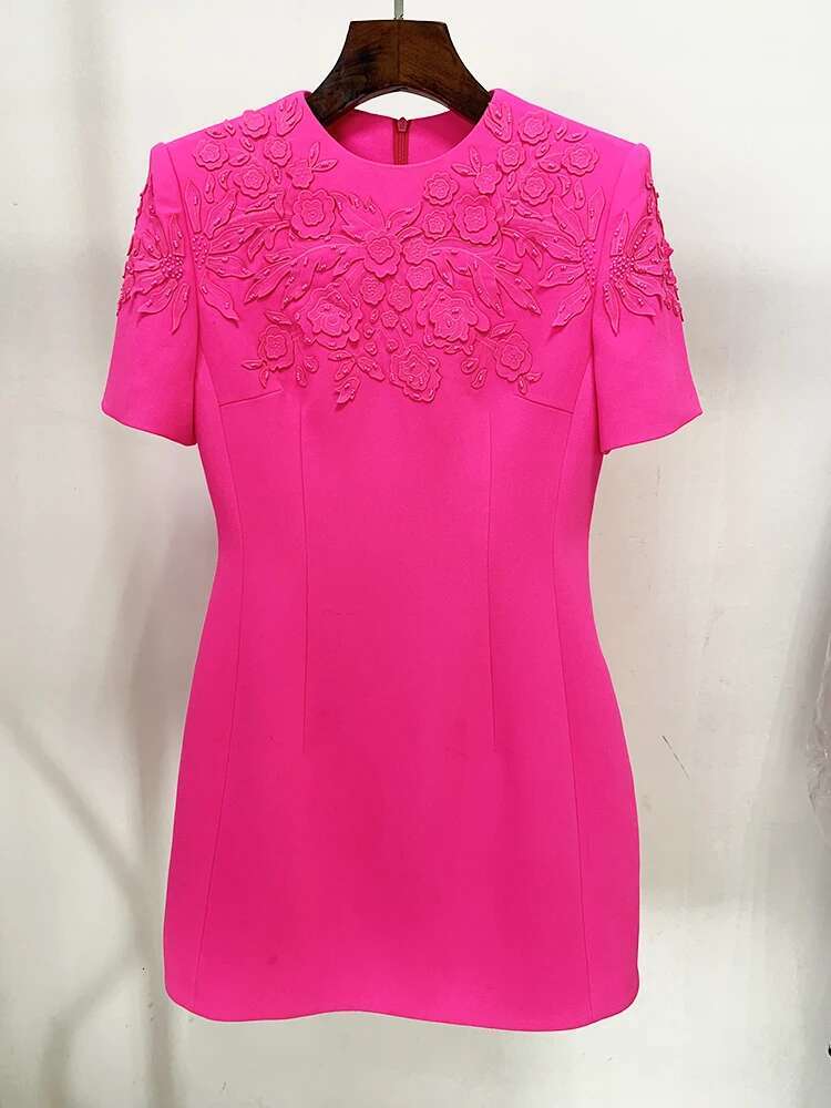 HIGH STREET Newest 2024 Designer Fashion Runway Women's Short Sleeve Stunning Embroidery Beaded Dress Hot Pink