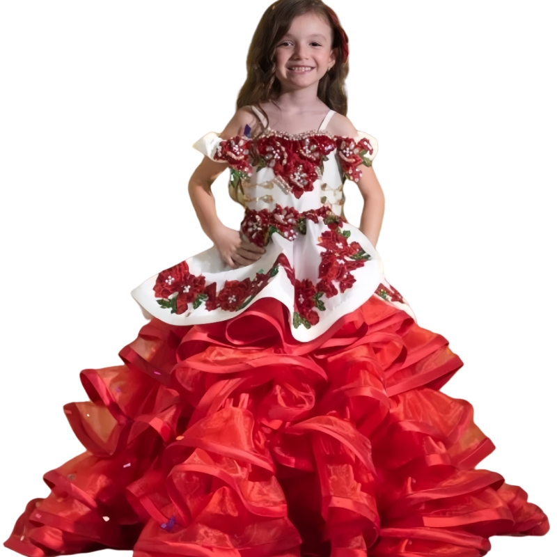 Charro Mexico Little Girls Pageant Dresses Crystal Beaded Red Floral Embroidery Ruffled Long Prom Formal Wear Kids Toddler Birthday Party Quinceanera 