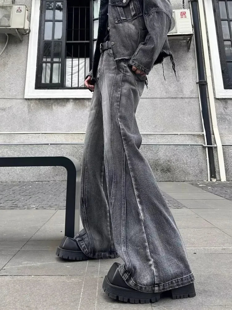 Trashy Y2K Streetwear Washed Grey Baggy Stacked Flare Jeans Pants Men 90S Vintage Clothes Hip Hop Mens Long Trousers 250310