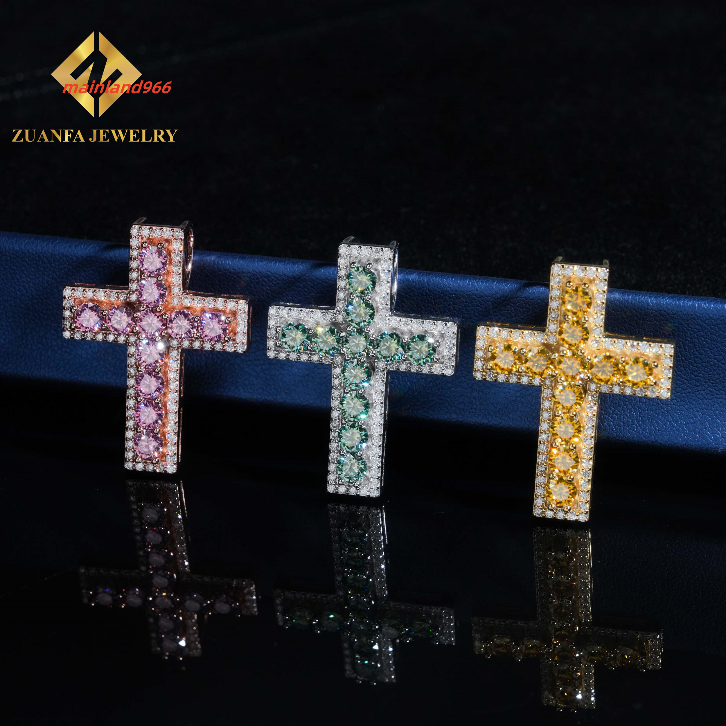 Hot Sale RTS Colorful Moissanite Cross Pendant 925 Sterling Silver Gold Plated Pass Diamond Tester Moissanite Pendant