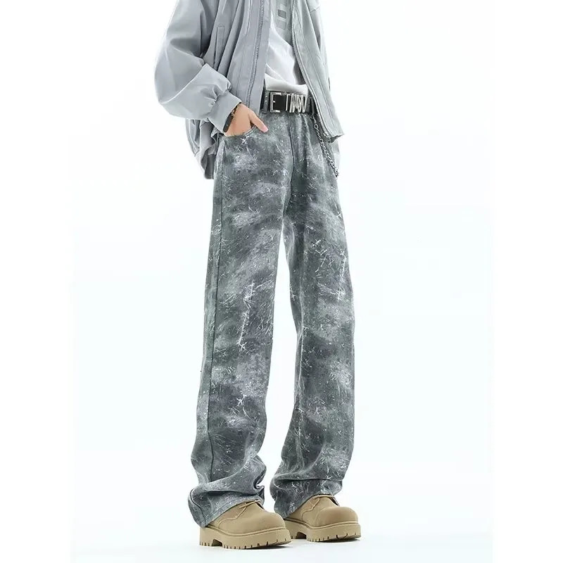 Cyber Y2K Streetwear Tie Dye Grey Slim Jeans Pants For Men 90S Vintage Clothes Straight Hip Hop Long Trousers Mens Clothing 250310