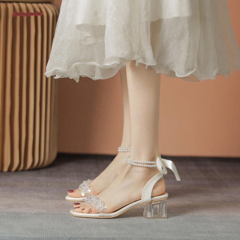 6CM Sandals Lightweight Summer Medium Single Shoes Ribbon Bow Pearl Crystal Heels Fairy Not Tired Feet ddmypanda