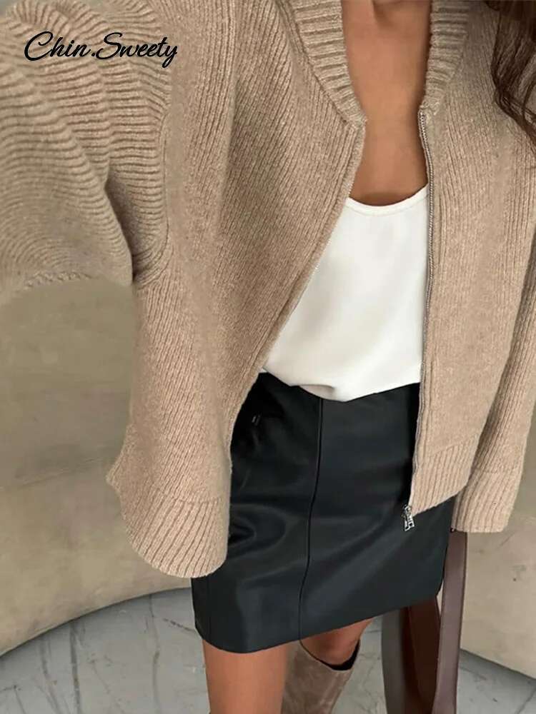 Vintage Knit Zipper Cardigan For Women Solid Loose O Neck Long Sleeve Sweater Top Female Fall Winter All-Matching Knitwear