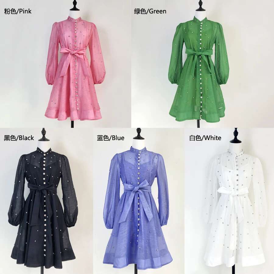 French Crystal Beaded Wedding Prom Mesh Dress Women Stand Long Lantern Sleeve Dia Buttons Belt Lace Up Mini Vestidos