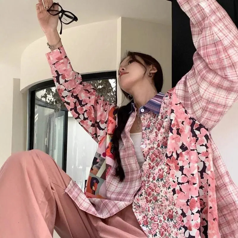 Spring Summer Fashion Floral Patchwork Y2K Thin Shirt Women Loose Casual Sunscreen Long Sleeve Tops 250310