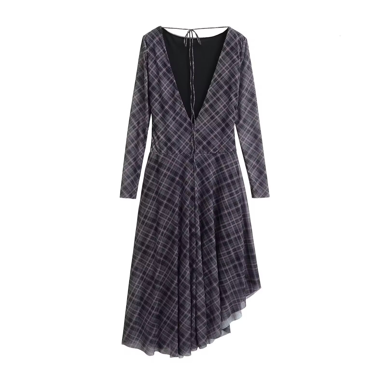 Personality Large Backless Plaid Pleated Silk Mesh Round Neck Sleeved Dress 2025 Summer New Style Long Skirt For Women