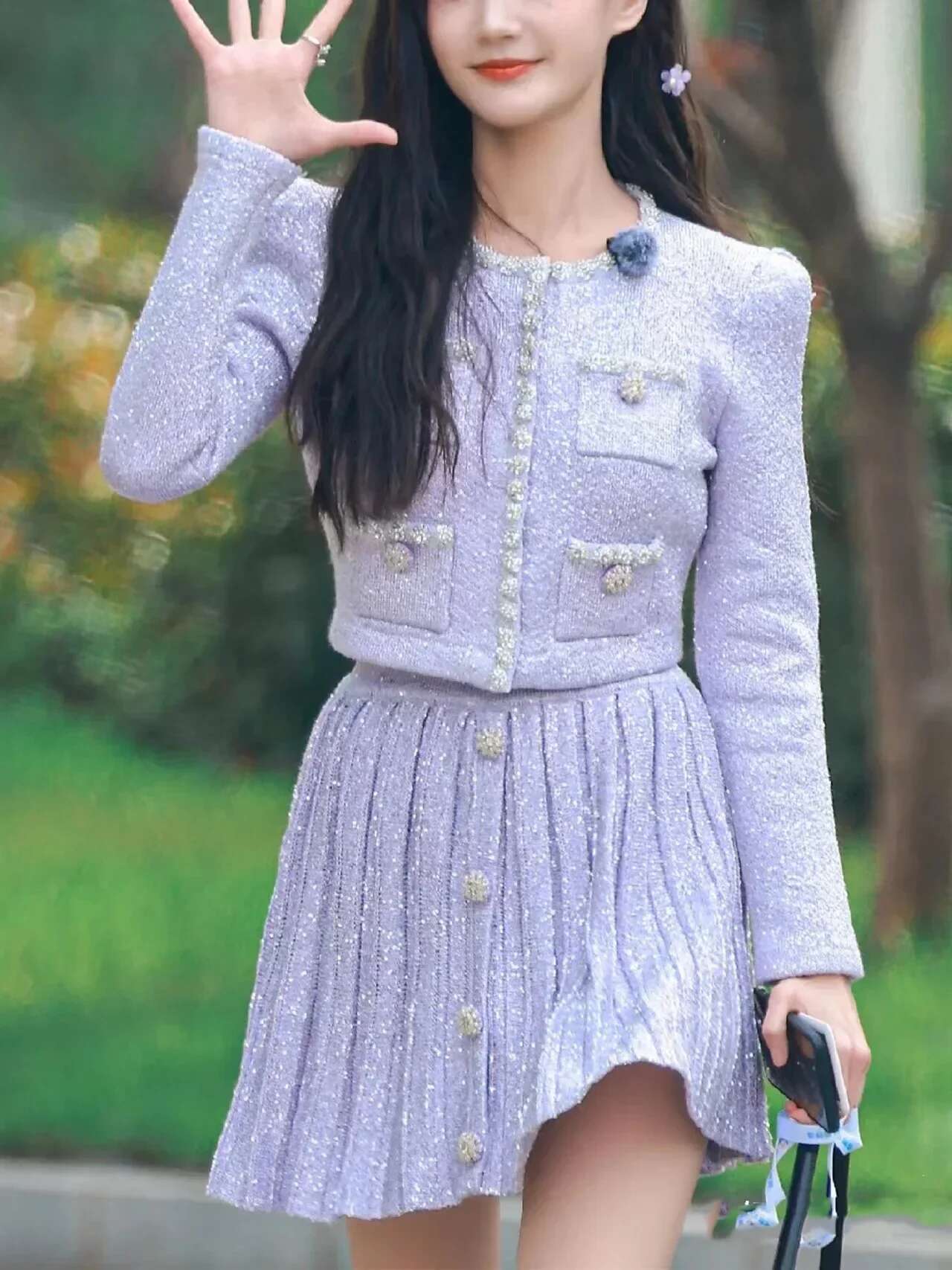 Women's Black Round-Neck Dia-Studded Two-Piece Suit, Long-Sleeved Knitted Pocket Top Or Slim-Fit Skirt