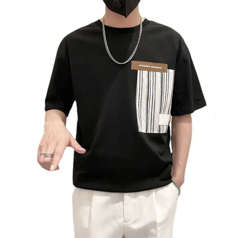 Summer round neck loose casual printed cotton T-shirt mens short sleeved simple full matching pull-out top Hombre Korean fashion T-shirt 250314