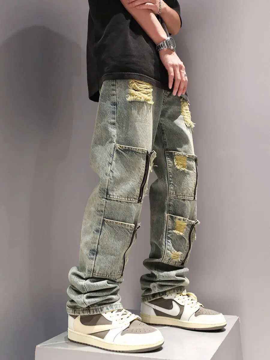 New multi zipper pocket washing and perforated jeans suitable for men and womens personalized straight leg retro casual pants y2k on the streetsT25031