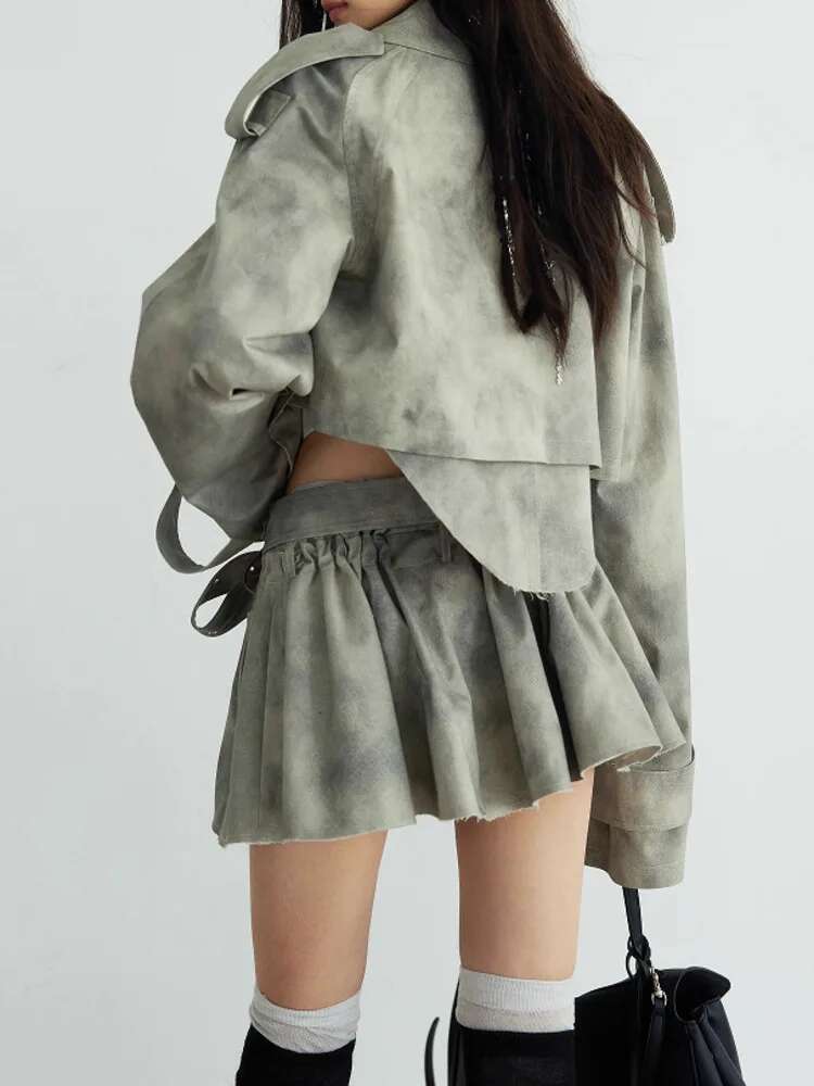 DEAT Fashion Women's Camouflage Print Dye 2 Pcs Set Lapel Loose Short High Sashes Mini Skirt Suit Autumn 2025 New Tide 1Dh7478