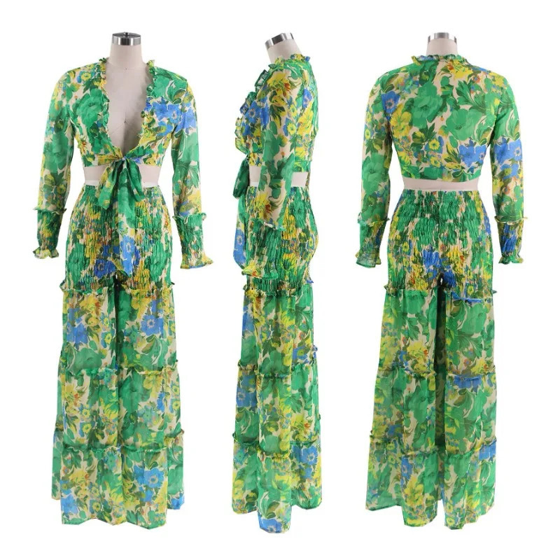 Flower print 2piece set for womens elegant lace top loose wide leg pants holiday Bohemian pairing 250313