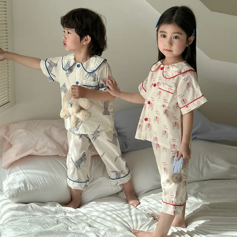 Korean Summer Kids Girls Sleepwears Set Cotton Thin Cartoon Full Printed Tops Cropped Pants Suit Children Girls Pajamas 250314