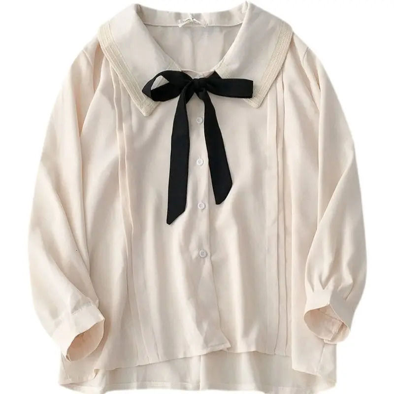 Large Size Niche n Sense Single-breasted Women Shirt Autumn Korean Lace-up Bow Blouse Female Solid Color Women Shirt 250310