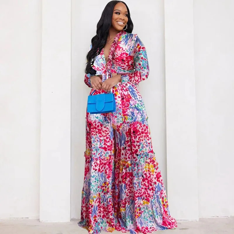 Flower print 2piece set for womens elegant lace top loose wide leg pants holiday Bohemian pairing 250313