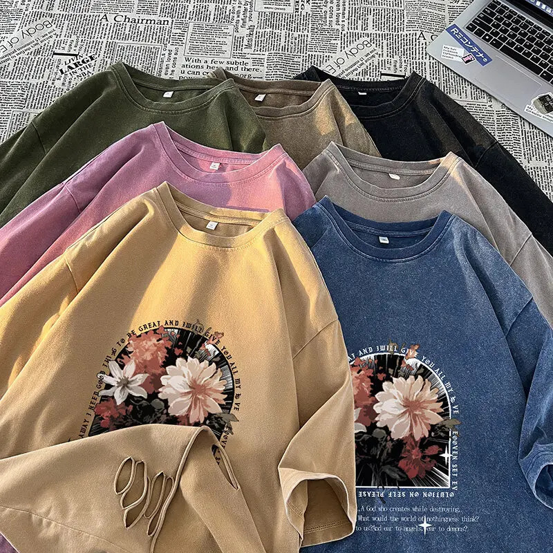 Vintage Floral Graphic Tee Washed T Shirts Oversized Y2K Top High Street Style Printing Short Sleeve Tshirts Trend Couple Clothe 250312