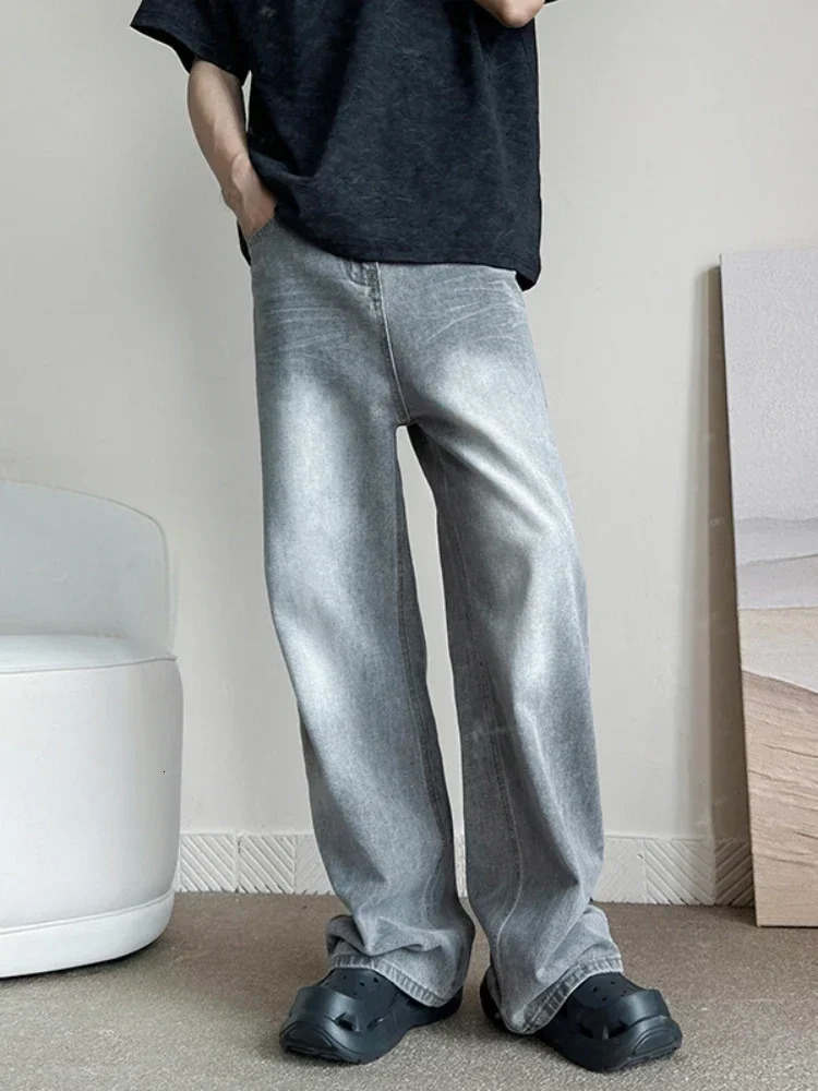 retro grey pocket jeans mens fashion Harajuku casual Y2k pants straight high street mens wide denim Trousers 250314