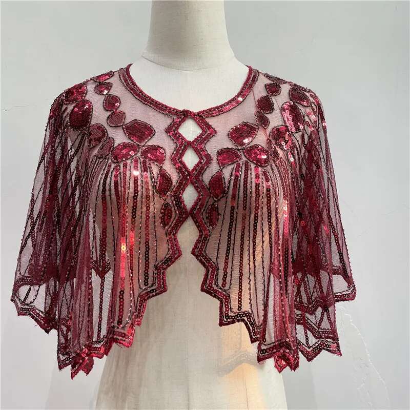 Vintage 1920S Flapper Shawl Sequin Cape Beaded Decoration Gatsby Party Mesh Short Cover Up Dress Accessory