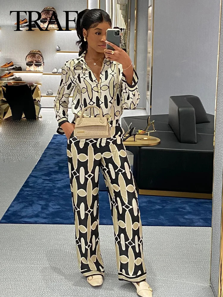 TRAFZA Womens Fashion Shirt and Pants Set Black White Printed Long Sleeve Single Chest TopElastic Waist Wide Leg 250313