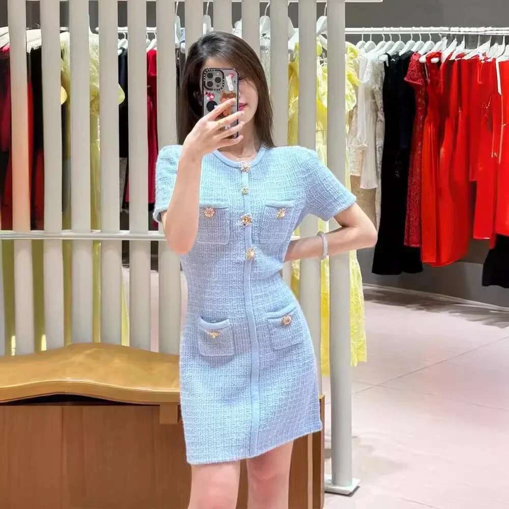 2024 Autumn Women Fall Light Blue Button Slim Fit Knit Office Ladies Elegant Mini Dress