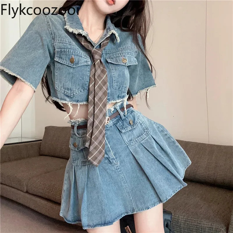 Summer Raw Edge Lapel Pure Slimfit Short Denim Coat Skirt Tie Fashion n Set Womens Elegant Clothing 250312