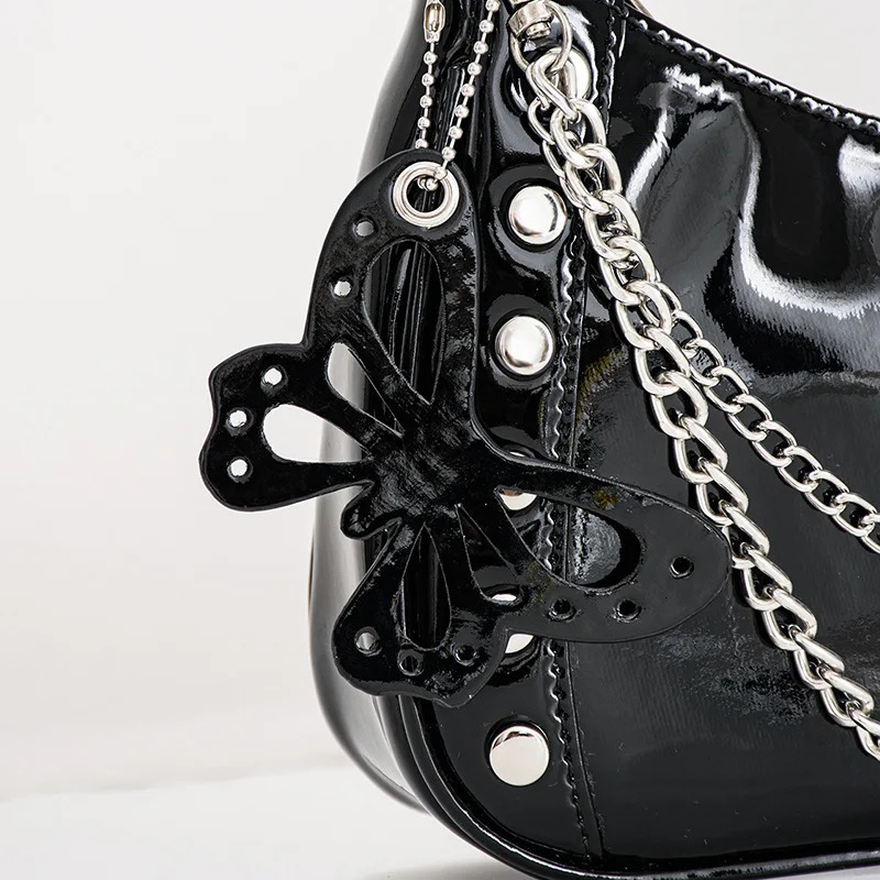 Fashion Y2K Women Chain Rivet Shoulder Bags Female Butterfly PU Leather Zipper Underarm Bags Cool Girls Punk Handbags Purse 250314