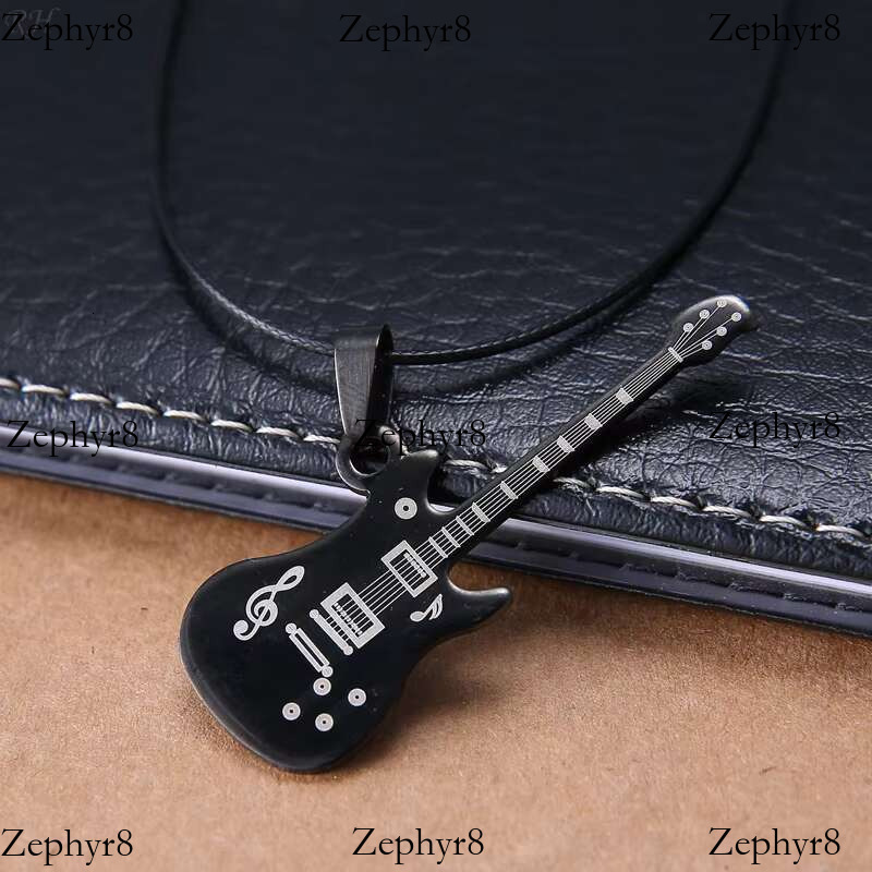 2025 New model Fashion 316L Stainless Steel Guitar for Men Punk Sier Instrument Pendant Leather Chain Necklace Trendy Rock Jewelry