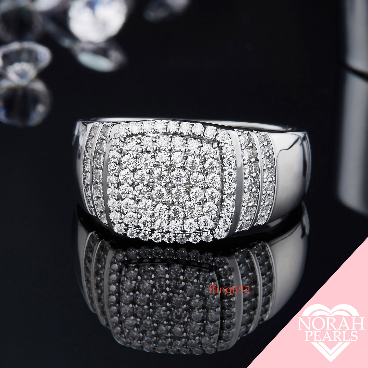 Moissanite Hip Hop Mens Thick Solid 925 Sterling Silver Ring with White Gold Plating