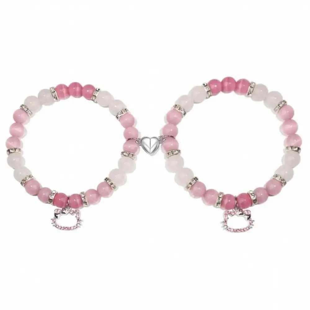 2Pcs/Set Pink Hello Cat Spider Beaded Bracelets for Women Heart Magnetic Matching Couple Bracelets Girls Festival Jewelry GiftsXJ250315