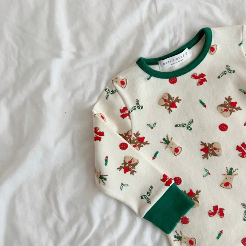Spring Baby Clothing Christmas Pajamas Baby Deer Printed Bottom Shirt Pants 2PCS Set Preschool Year Pajamas Set 250314