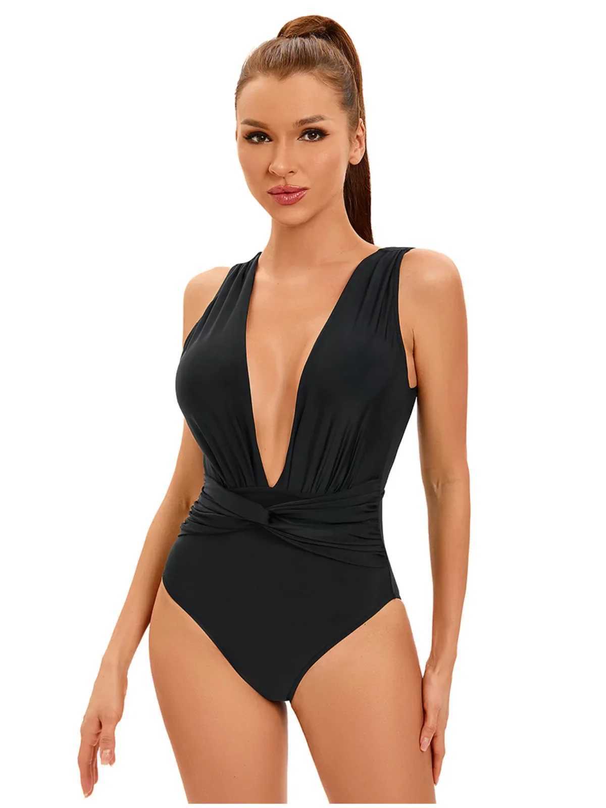 2025 black one-piece swimsuit womens V-neck hollow bikini sexy Hiah Waist swimsuit Monokini beach wear summer new itemXJ250315