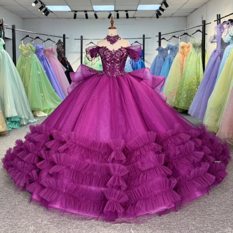 Rose Red Shiny Off Shoulder Quinceanera Dresses Sequin Applique Lace Beading Tull Party Birthday Sweet 16 Dress Vestidos 15 de anos