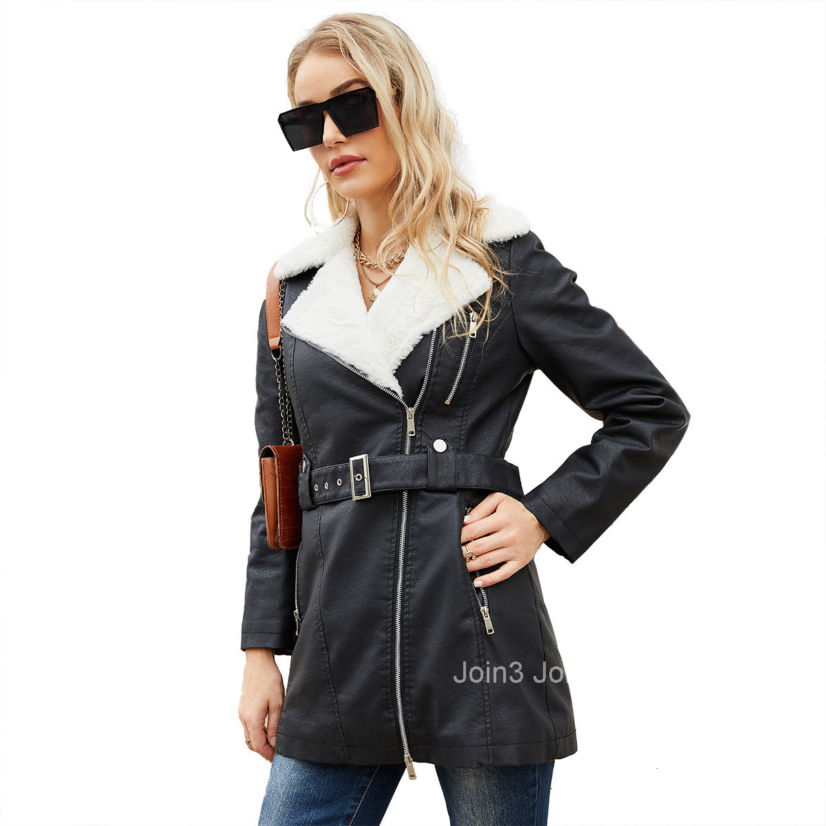Fashion Autumn/winter New Long Sleeved Plush Leather Coat Womens Polo Double Head Zipper with Belt Warm Coat