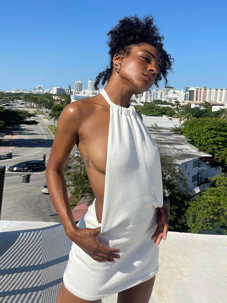 TARUXY Summer Dress For Women Knitting Halter Sleeveless Bodycon Mini Dresses Y2K Sexy Backless Boho Beach Dress Short 250313