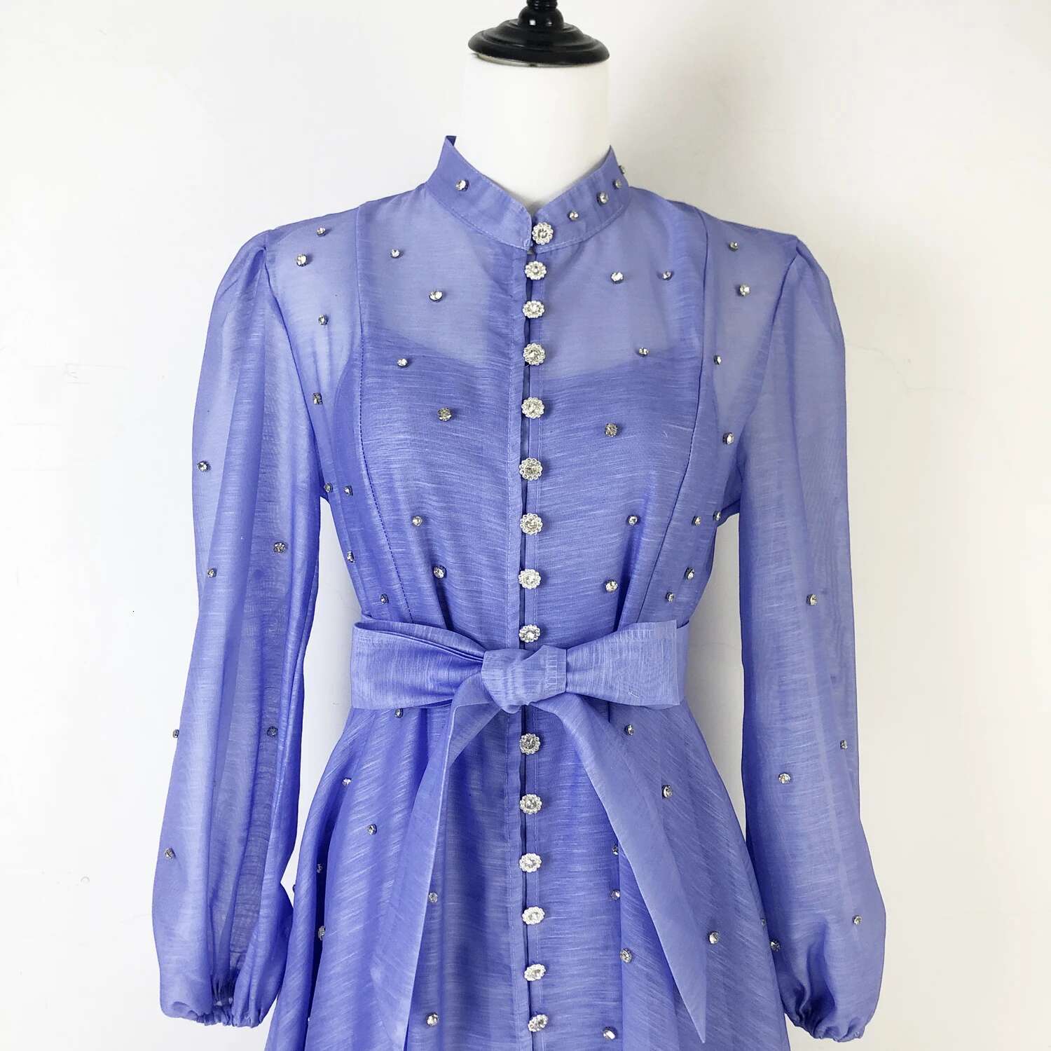 Elegant Beading Dia Mesh Prom Dress For Women Stand Collar Long Lantern Sleeve Single Breasted Belt Autumn Female Clothes