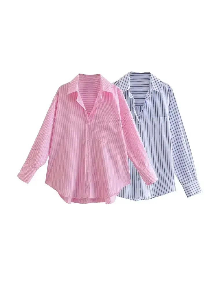 TRZA-Striped Loose Shirts With Pocket for Women Long Sleeve Button-up Blouses Chic Tops Female Fashion 250310