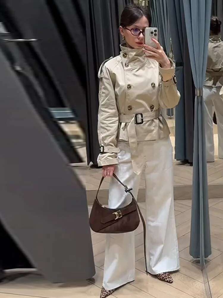 Spring Women's Short Jacket Trench Coat Belt Double Breasted Stand Collar Long Sleeve Outerwear 2025 New High Street Windbreaker
