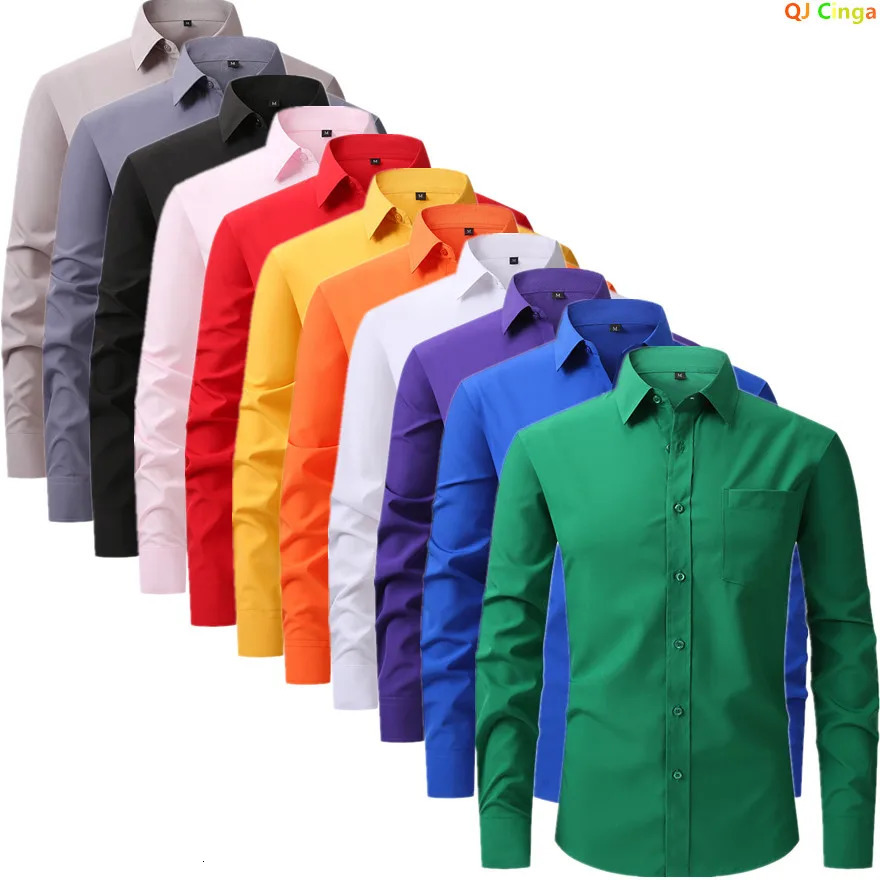 Solid color mens long sleeved shirt single-layer square neckline small elastic shirt suitable for weddings/business/offices 250314