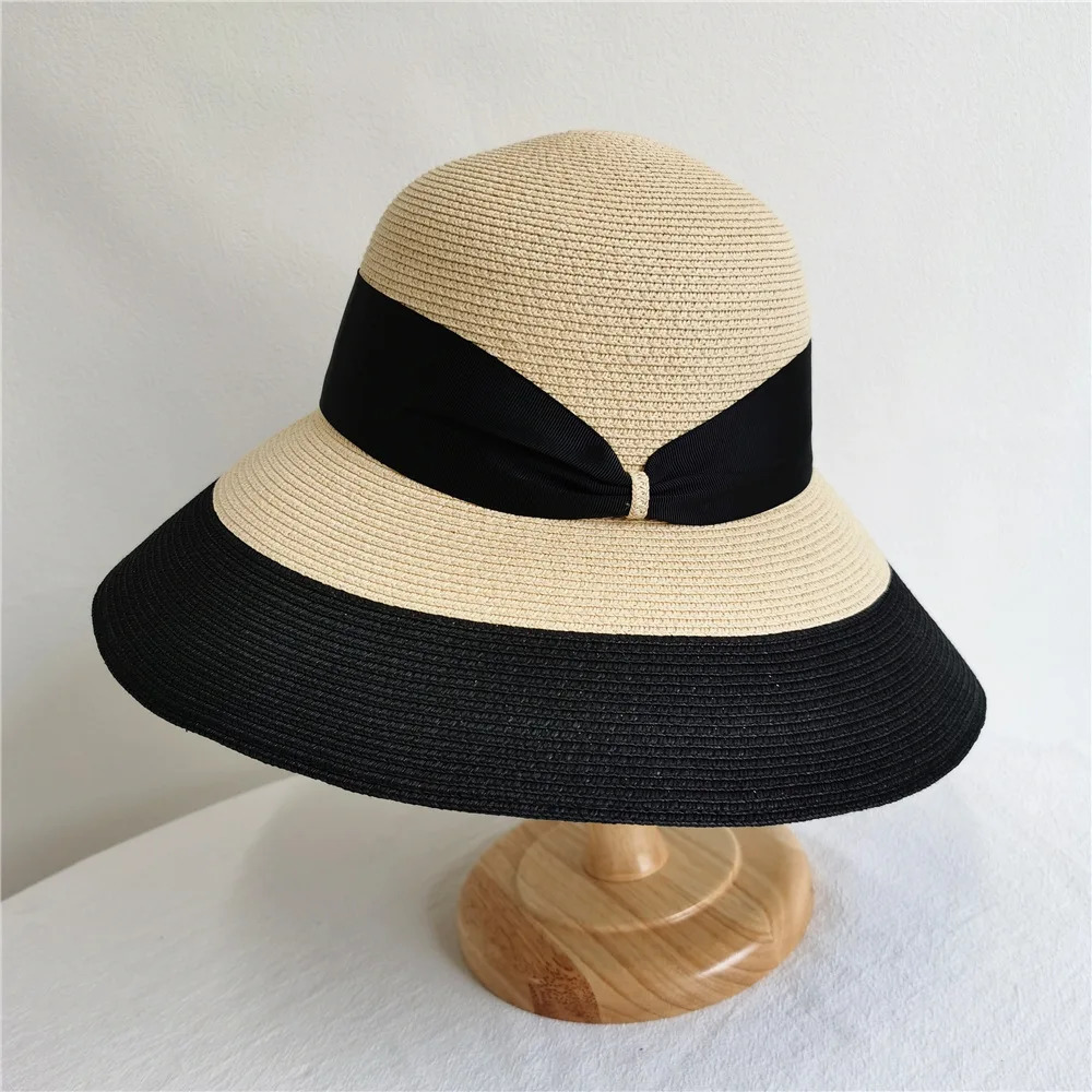 Classic wide Brim womens sun hat black ribbon with summer straw hat rotating Brim church hat set holiday derby hat 250314