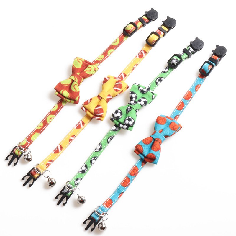 Interesting Prints Cat Collar with Bell Breakaway Bowtie, Adjustable Kitty Tie for Male Female Cats, Football Pattern Summer Cat Collar for Boy Girl C