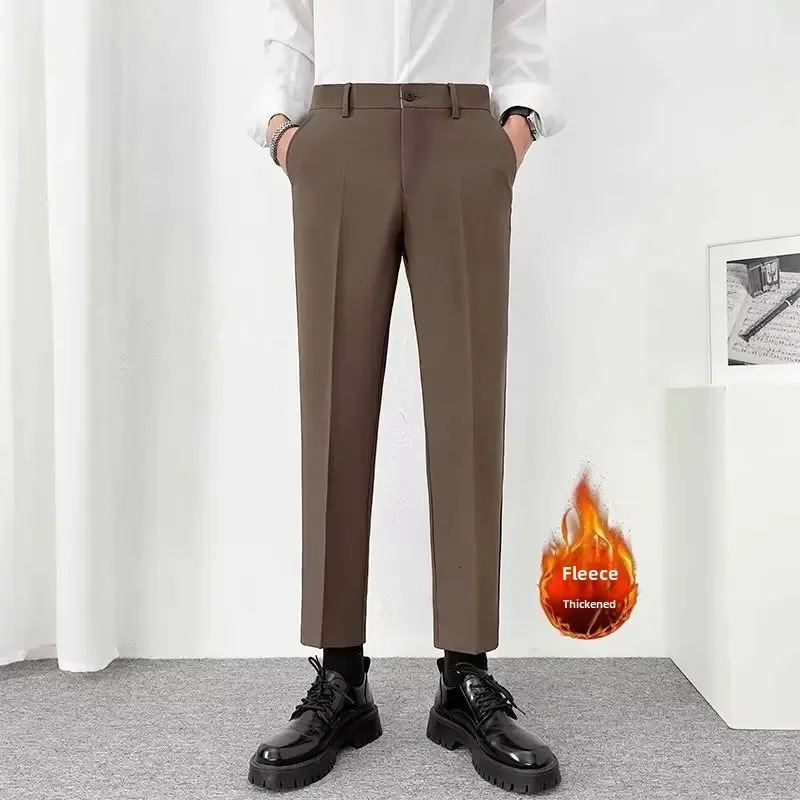Korean style fashionable mens pants autumn and winter item ultrathin slim fit wool lining casual 250313