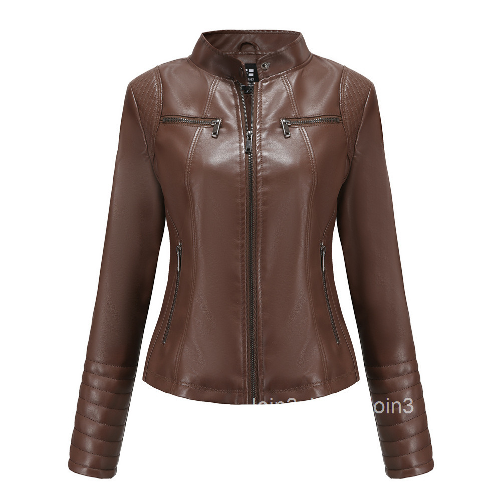 Fashion New Womens Leather Clothes Womens Spring and Autumn Thin Motorcycle Clothes European Size Leather Coat Short Fashion Womens Jacket