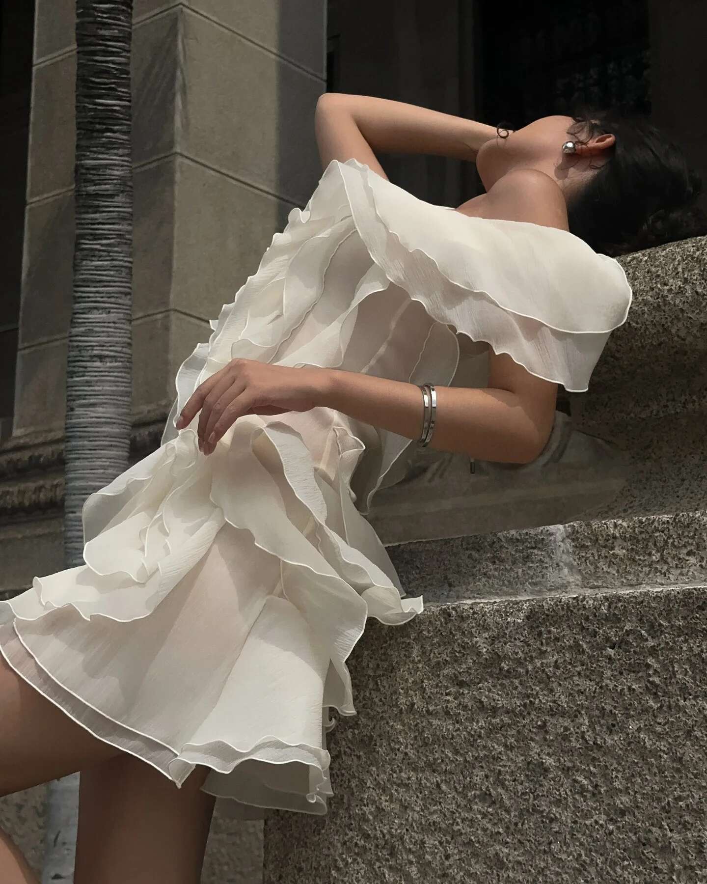 VGH Sweet Ruffles Off Theshoulder Party Dresses For Women Slash Neck Sleeve Backless High Waist Slim Short Dress Female