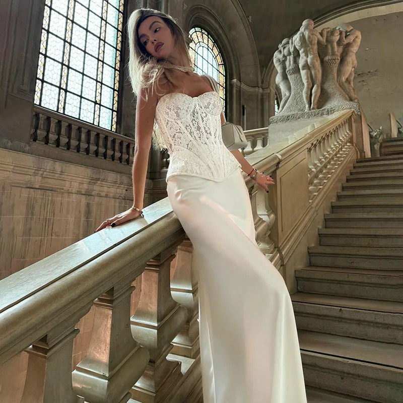 Leosoxs Retro White Two Piece Tight Set Sleeves Lace Tube TopTight Pants Elegant Party Evening Dress 250312