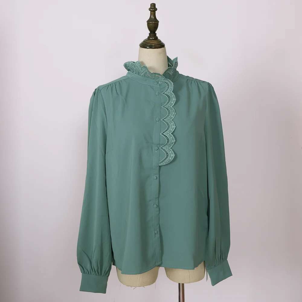 Ruelen Ral Print Women 2024 Autumn Ruffled Stand-Up Collar Full Lantern Sleeve Shirt