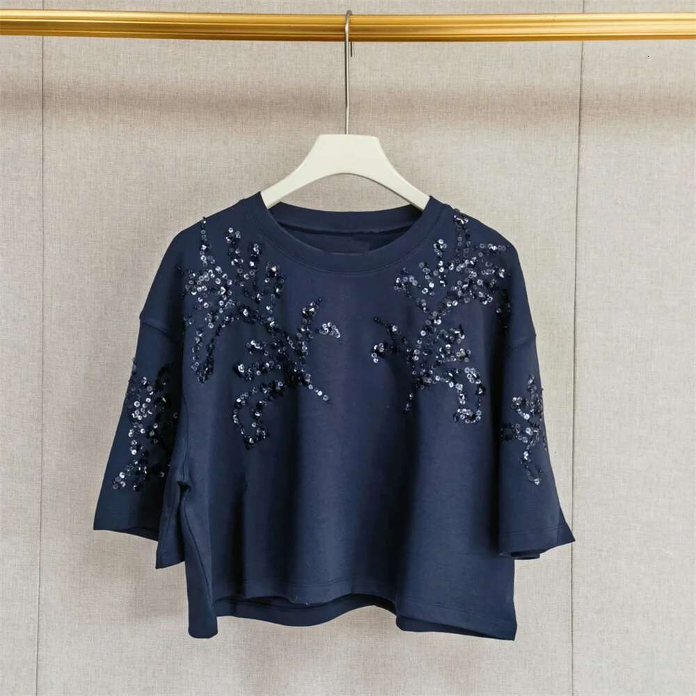 Handmade Sequined Women Neck T-Shirt 2025 Spring Summer Short Sleeve Casual Versatile Tee Top For Female