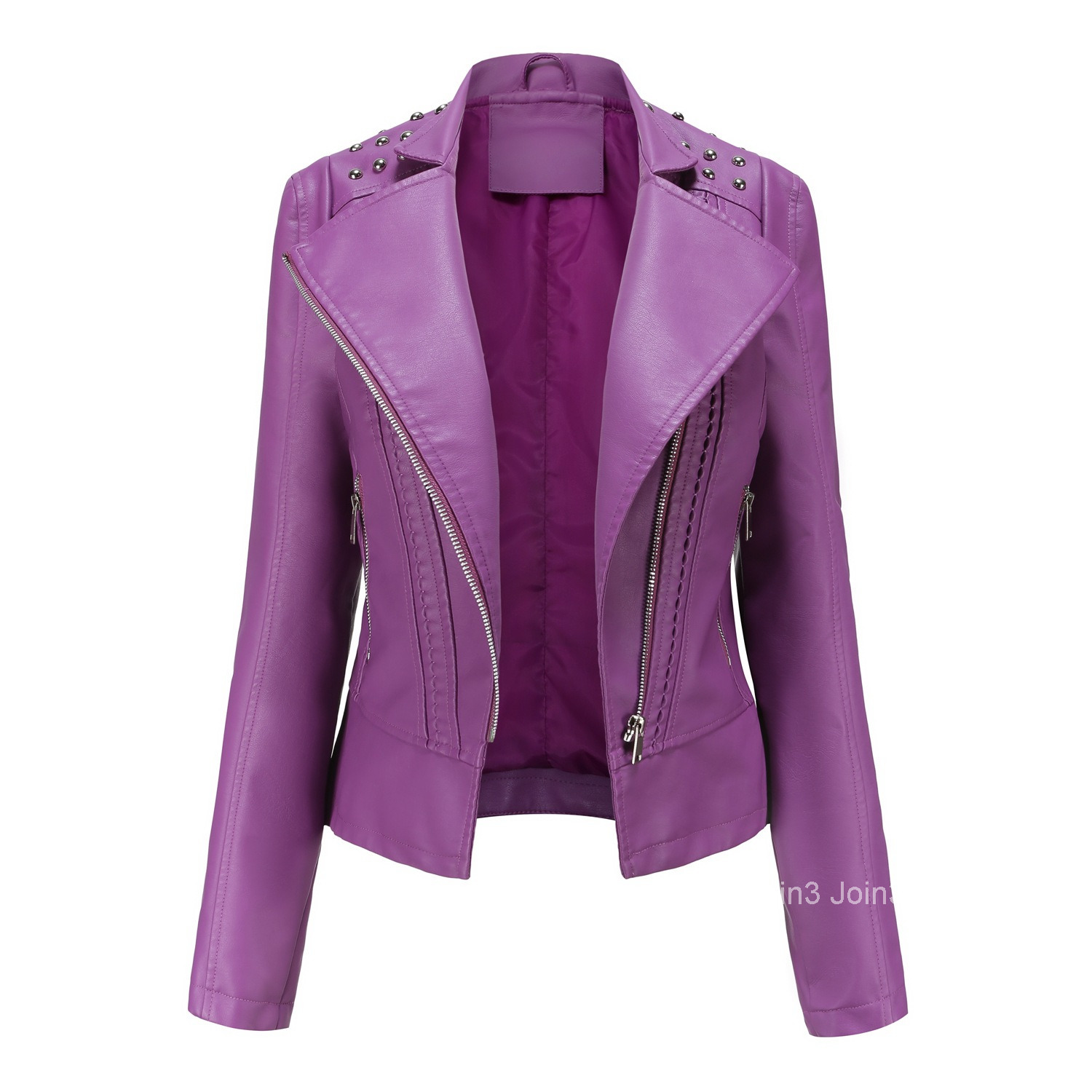 Fashion European Size Womens Beaded Leather Jacket Womens Long-sleeved Fashion Jacket Lapel Motorcycle Jacket Thin Spring and Autumn Womens Jacket Joi
