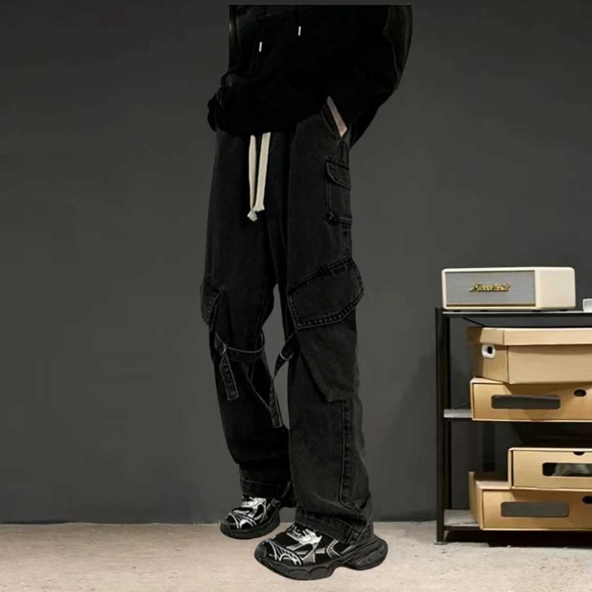 Y2K American street hip-hop personalized mens and womens workwear drawstring jeans 2024 summer new trend loose casual pantsT250319
